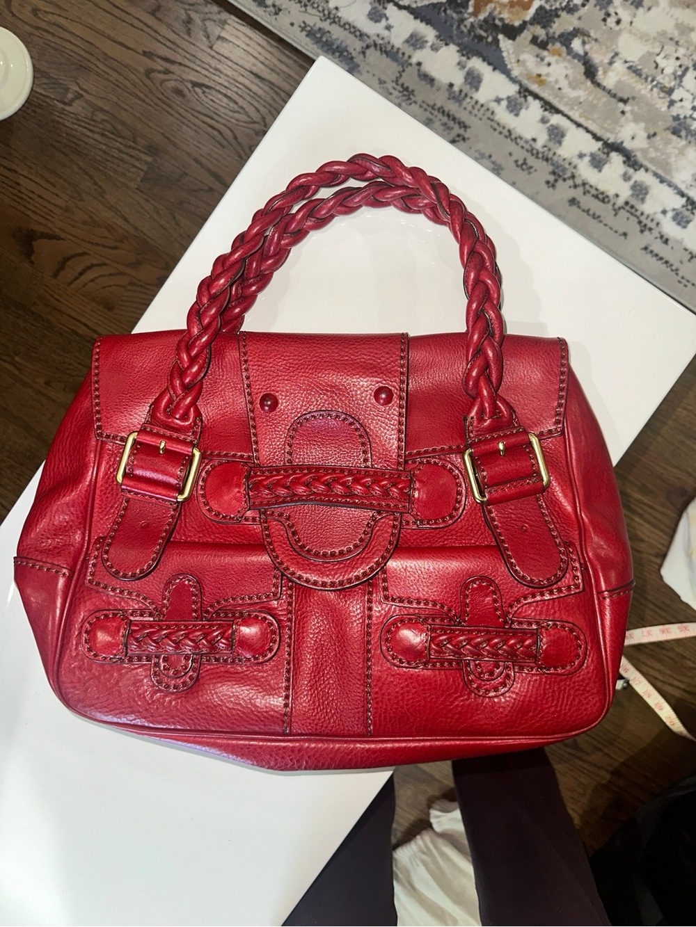 Valentino Garavani Red Braided-Handle Leather Shoulder Bag